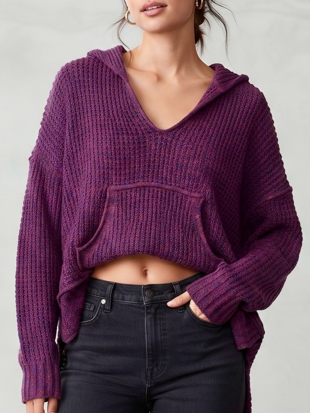 Wilfred| Aritzia| Fuchsia & Blue Oversized Chunky VNeck Hooded Knit Sweater Sz M